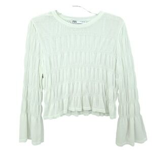 Zara White Knit Long Bell Sleeve Rouched Top Womens Size M